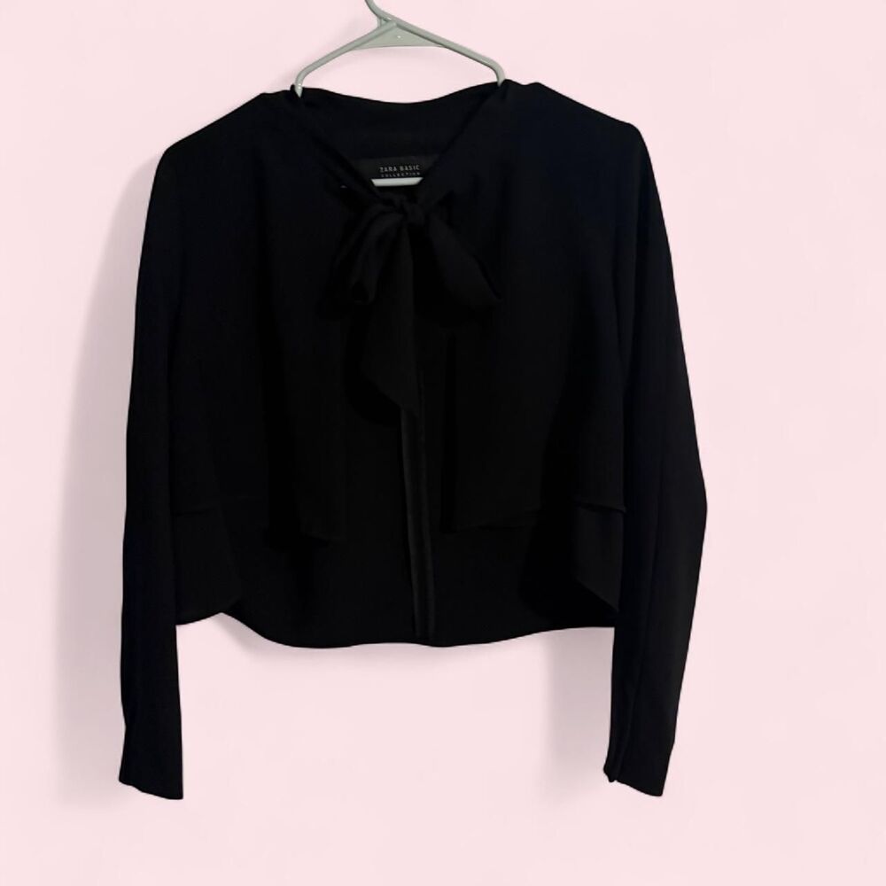 ZARA Basic cropped open front jacket women S black bow tie formal minimalist